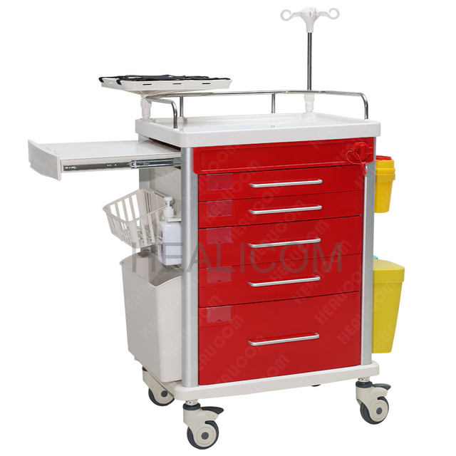 HET-62332A7 Hospital Furniture Medical Movable First Aid Cart ABS Emergency Trolley
